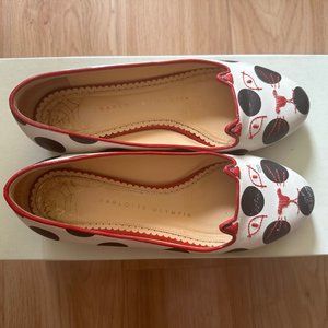 Charlotte Olympia White Polka Dot Leather Kitty Flats Shoes Size 34